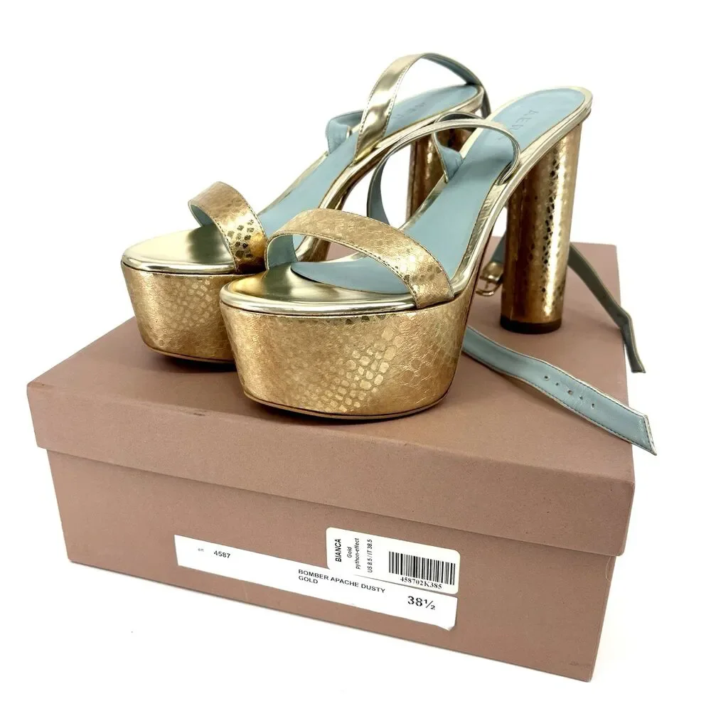 Aera Bianca Platform Block Heel Sandal Gold Python-Effect 8.5 Dust Bag/Box $395